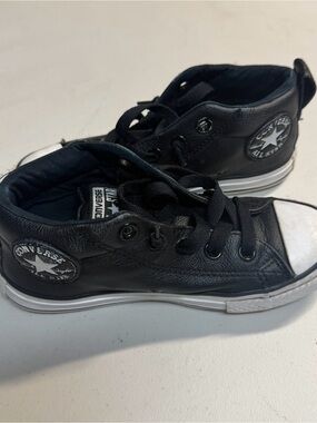 Converse Kids Black Leather High-Top Sneakers with White Toe kids 13